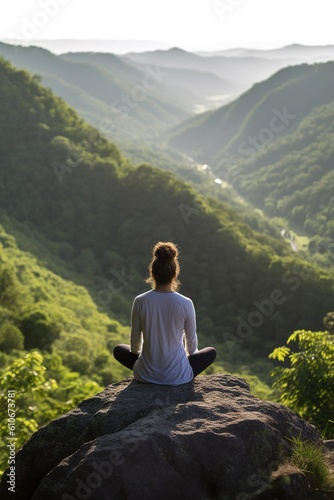 Woman meditating on a rock. Surrounded by forrest and mountains. Generative ai.
