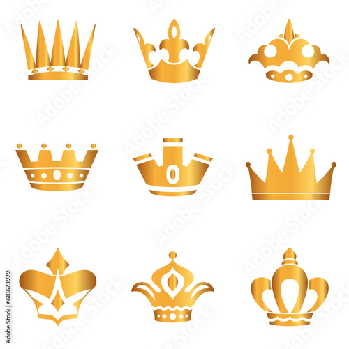 Golden crown icon set. Collection of crown awards for winners, champions, leaders. Vector isolated elements for logo, label, game, hotel, an app design. Royal king, queen, princess crown.