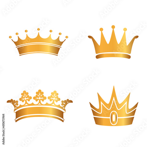 Golden crown icon set. Collection of crown awards for winners, champions, leaders. Vector isolated elements for logo, label, game, hotel, an app design. Royal king, queen, princess crown.