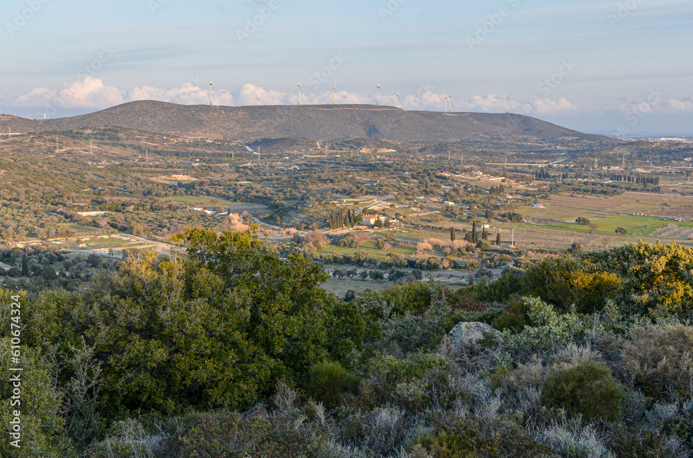 scenic view of Alacati at sunrise from local hills (Cesme, Izmir province, Turkiye)
