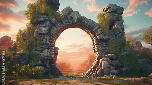 Billede på lærred Fantasy landscape with a portal archway Generative AI