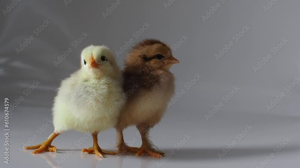 Two small brown and yellow chickens on white. Adorable little chicks. Newborn poultry brown chickens beak on light background. Easter, farm concept. Selective focus.
