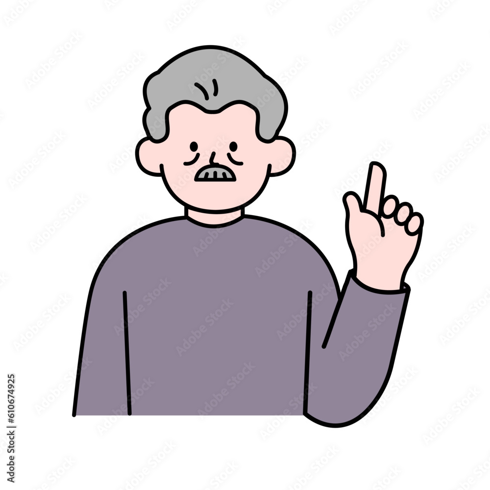 Elderly Man Pointing Finger, Simple Style Vector illustration.
