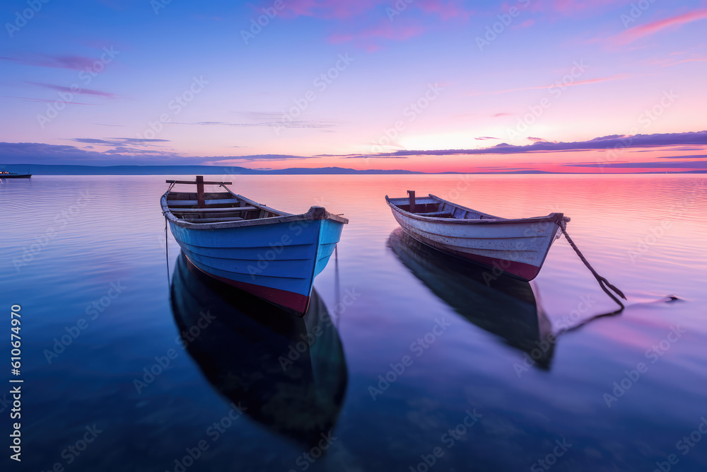 Small boats at sunset.