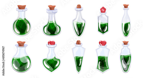 Set of bottles with green potion and stopper in cartoon style. isolated. Vector stock illustration. Items for games. White background. Fairy tales. Halloween and holiday. beauty and fashion