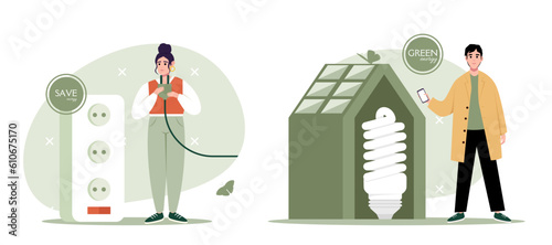 Green energy illustration set. Characters reduce energy consumption at home. Power save concept. Household energy and resources, meter installation