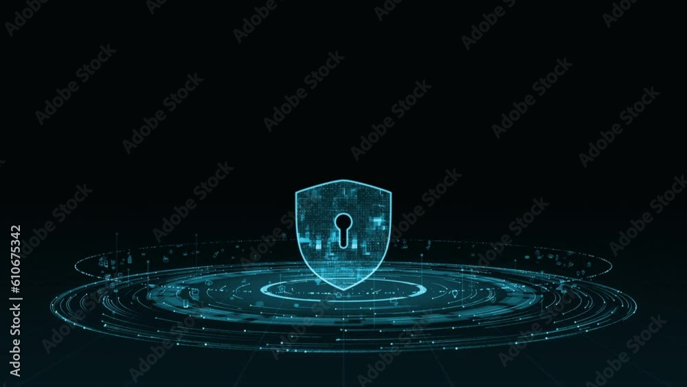 Motion graphic of Blue security shield logo with particle ring circle rotation with ai technology icon on futuristic abstract background network firewall technology and data secure concepts