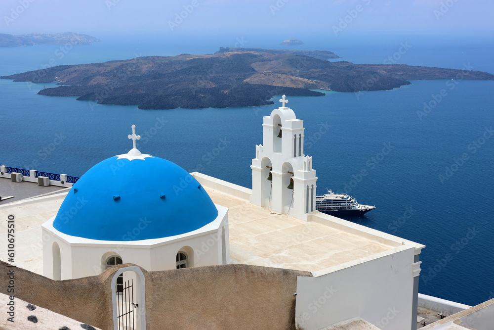 picturesque and romantic landscape on greek island Santorini, Aegean sea