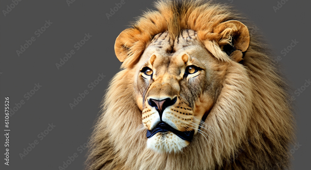 Fototapeta premium beautiful and majestic lion with all the details on a gray background in high resolution