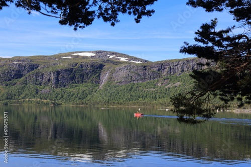 Norway mountain landscape of Setesdal valley near Hovden. Hartevatn lake summer boat adventure. photo