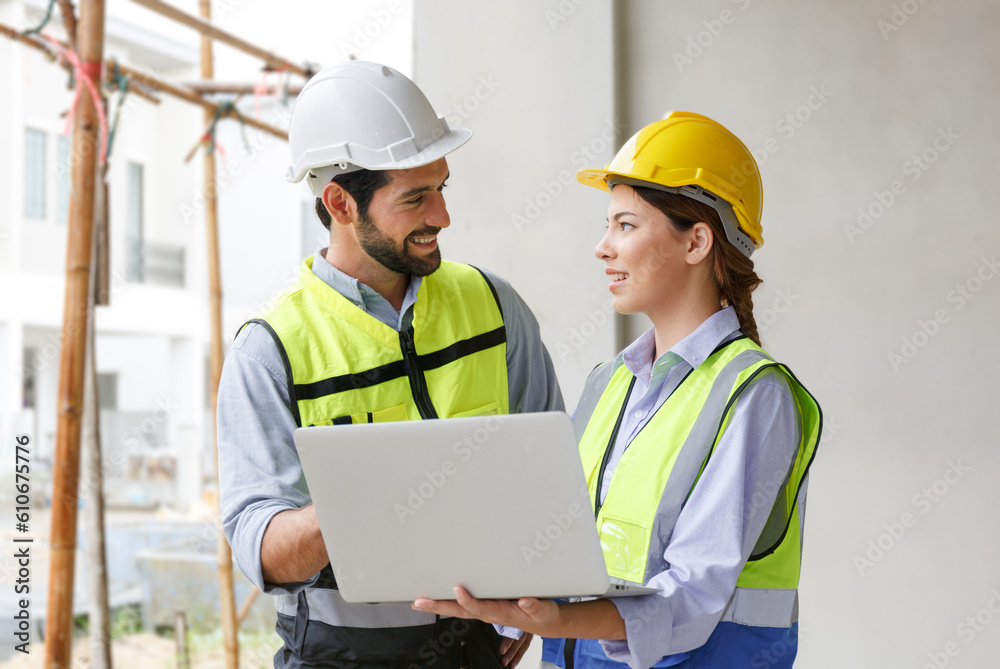 Team of industrial engineers men and women wearing helmets discussing new projects. while using laptop Team of industrial engineers men and women wearing helmets discussing new projects. while using laptop