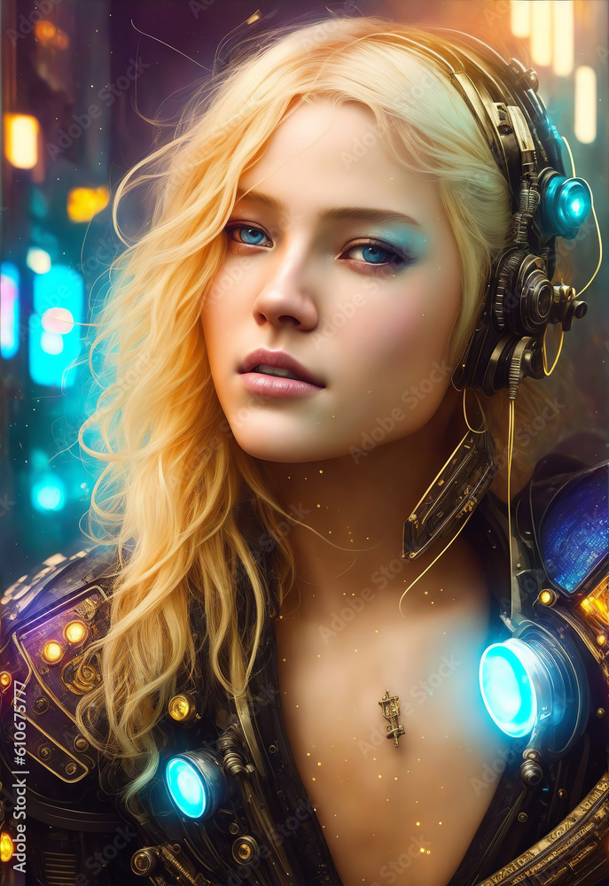 Illustration of beautiful young Cyberpunk Woman with long blond hair ...