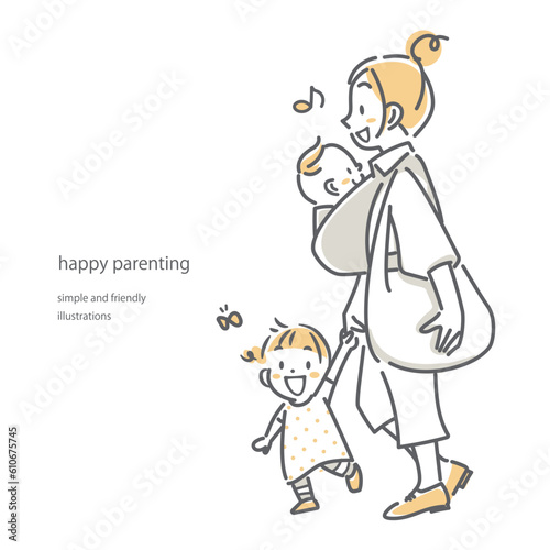 保育園へ2人の子供を送っていく若いお母さん　シンプルでお洒落な線画イラスト