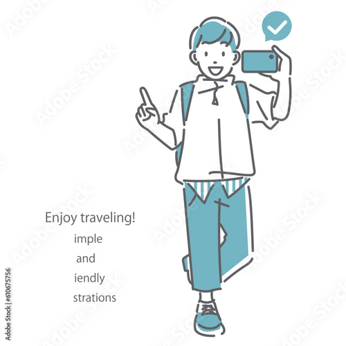 スマホを片手に一人旅をする若い男性　シンプルでお洒落な線画イラスト