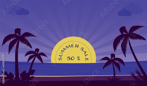 Summer sale banner vector illustration.Evening on the beach with palm trees.