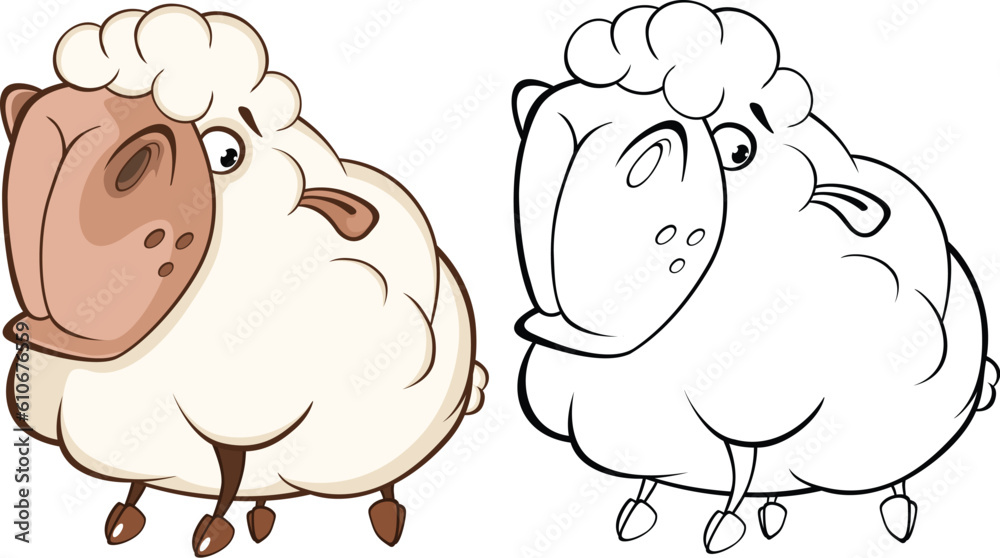 Fototapeta premium Vector Illustration of a Cute Sheep. Cartoon Character. Coloring Book