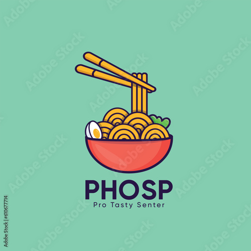 Illustration Vector Noodles Pho Logo Template With Chopsticks, Noodle Tasty Chinese Illustration Design, And Logo. Creative Premium Vector Design. Plate With A Fork, Free Premium Vector.