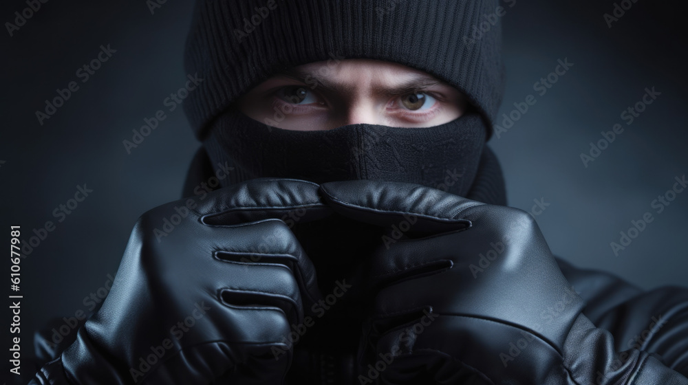 Closeup of a Thief / Criminal in All Black Outfit. With Licensed Generative AI Technology Assistance. Closeup of a Thief / Criminal in All Black Outfit. With Licensed Generative AI Technology Assistance.