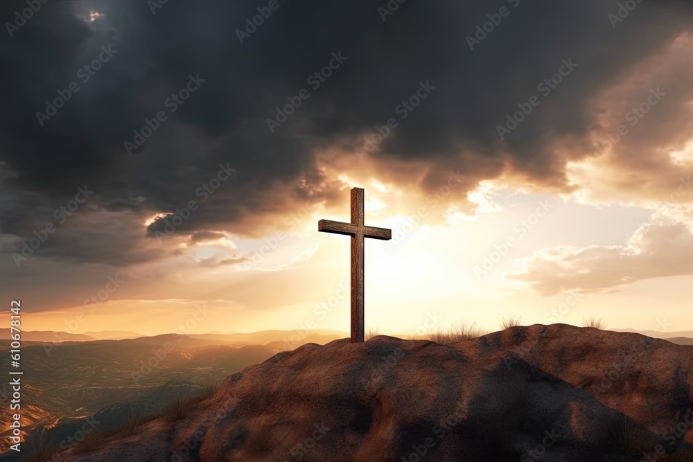 Cross on the top of the mountain with dramatic sky.Generative Ai Cross on the top of the mountain with dramatic sky.Generative Ai