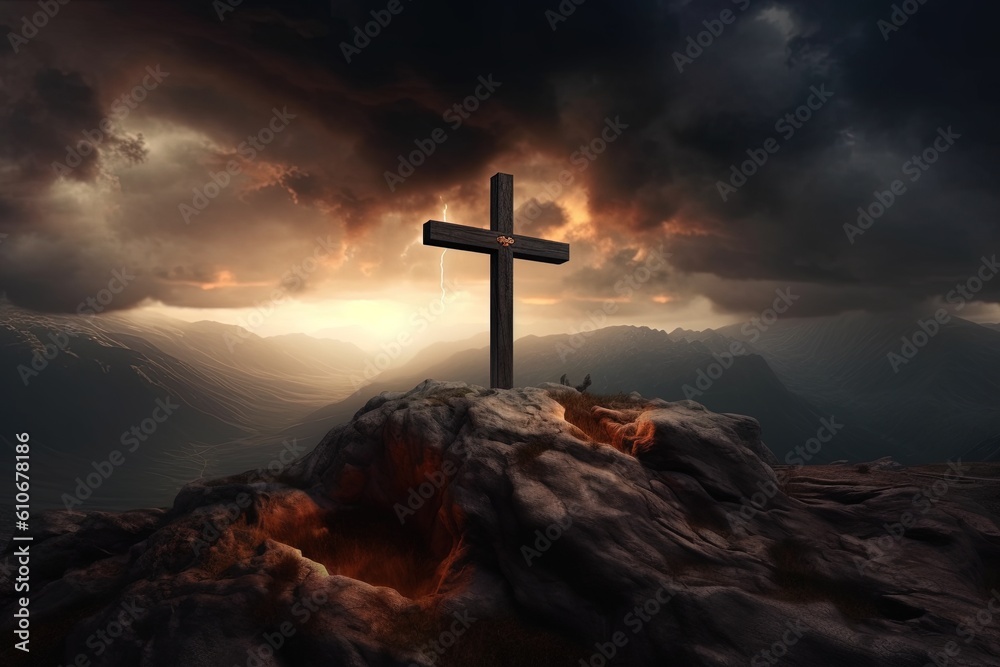 Cross on the top of the mountain with dramatic sky.Generative Ai