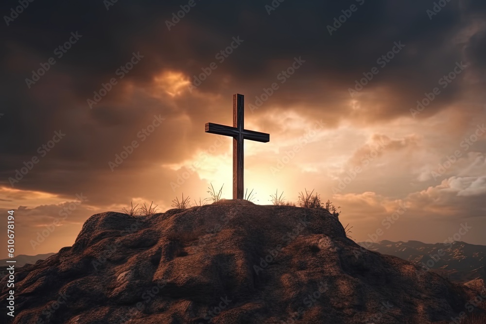 Cross on the top of the mountain with dramatic sky.Generative Ai Cross on the top of the mountain with dramatic sky.Generative Ai