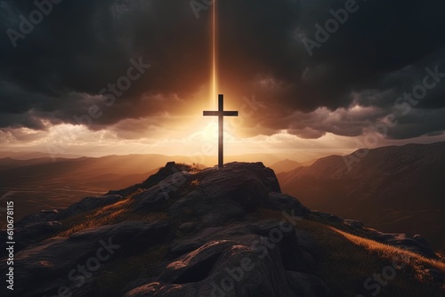 Cross on the top of the mountain with dramatic sky.Generative Ai