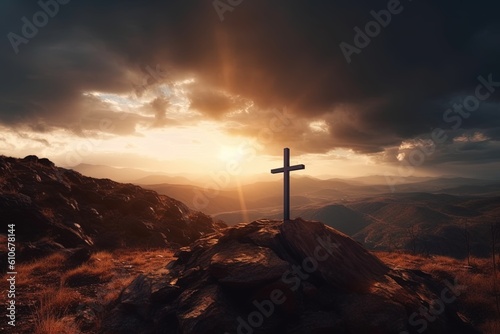 Cross on the top of the mountain with dramatic sky.Generative Ai © Rudsaphon