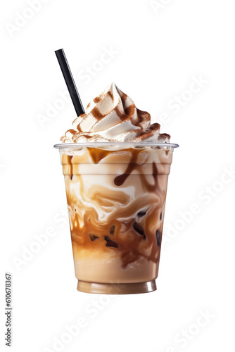 Frapuccino with cream in clear plastic cup with straw on a transparent background. Generative AI