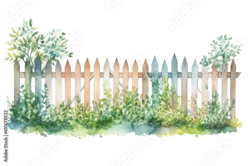 Watercolor of set of minimal  garden fence isolated on clear png background, brown wooden fences with bushes, flowers and plant, elements natural botanical leaves, with Generative Ai. © TANATPON