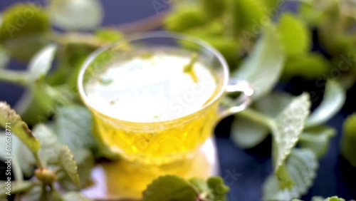 Classy dolly shot of Ajwain Tea or caraway seeds Tea or Trachyspermum ammi Tea along with its leaves on a wooden surface, HD footage 24 FPS. photo