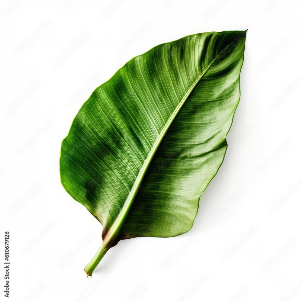 Fototapeta premium Banana plant leaf isolated on white background. Generative AI