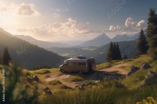 camper van on open field pasture in mountain valley during golden sunset hour camping hiking summer nature views made with Generative Ai