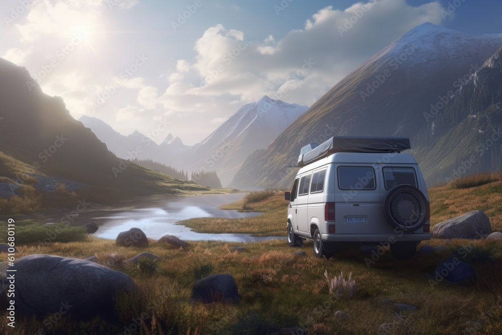 Camper Van Life in the Wild Camping in Grassy Field with River Stream and Mountain Valley Views Made with Generative AI