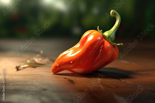 Fresh red habanero pepper on wooden table on nature background. photo