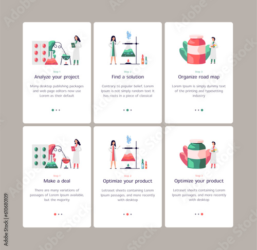 Set of 6 medicine illustrations on cards: pills, vaccine making, coronavirus / covid-19 vaccine	
