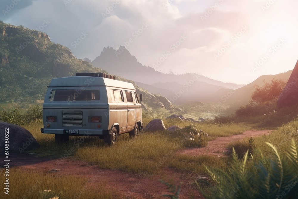 Camper Van Life in the Wild Camping in Grassy Field with Mountain Valley Views Made with Generative AI