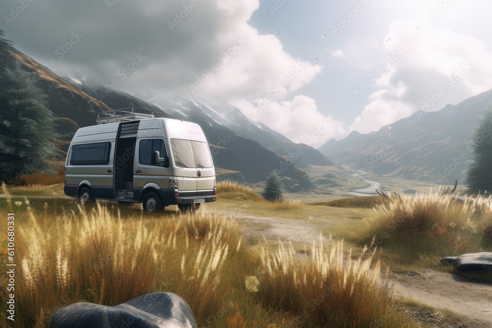 RV Camper Van Life in the Wild Camping in Grassy Field with Mountain Valley Views Made with Generative AI