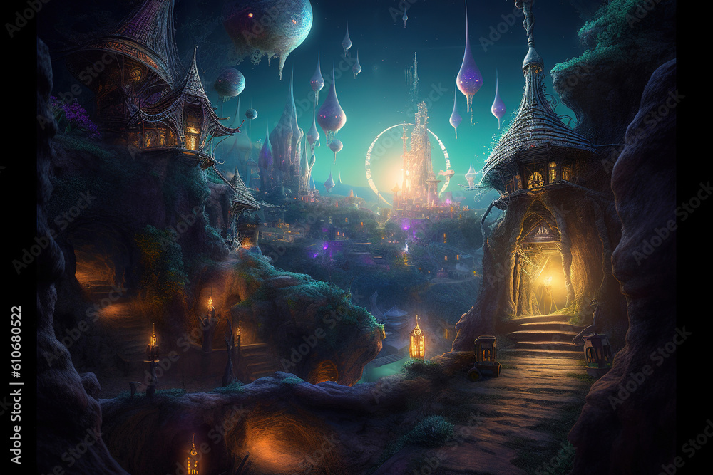 fantasy scary cartoon city at night.Generative Ai