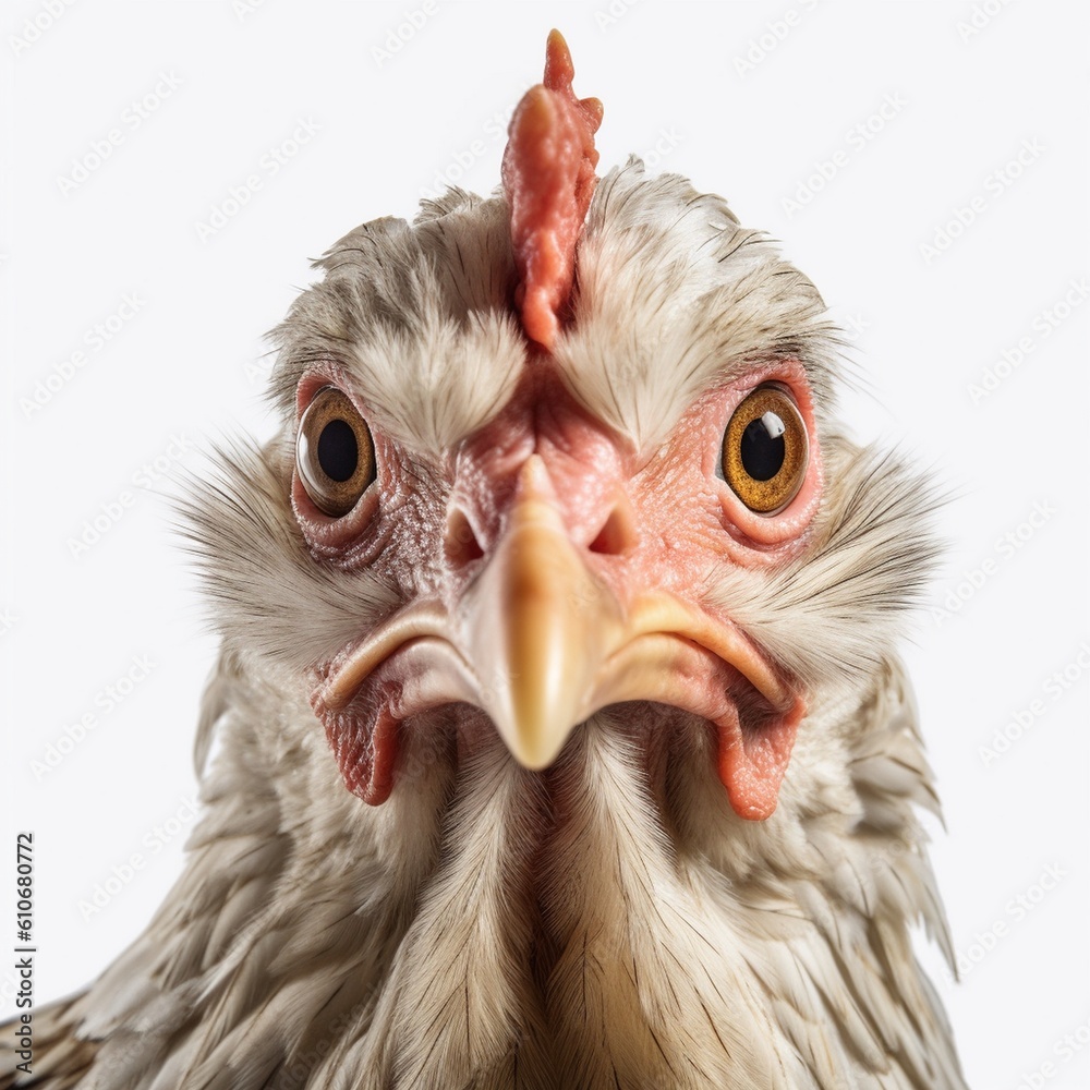 close up portrait of chicken head on a white background, funny animals theme, AI generative