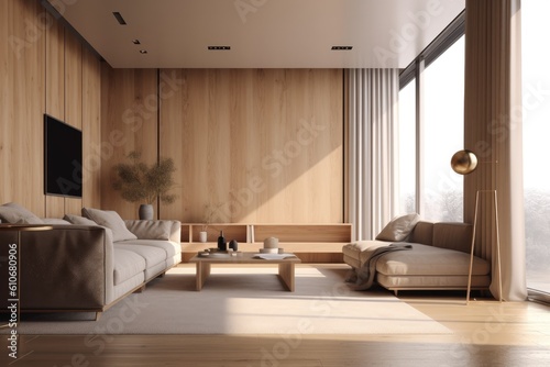 Sustainable Luxury Modern Family Room Interior With High Ceilings And Organic Wood Accent Wall And Natural Furniture Made With Generative AI