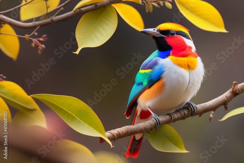 Beautiful bird on a tree, the background is multicolor, colorful birds sitting on a tree