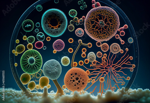 Microbes under a microscope. AI Generated photo