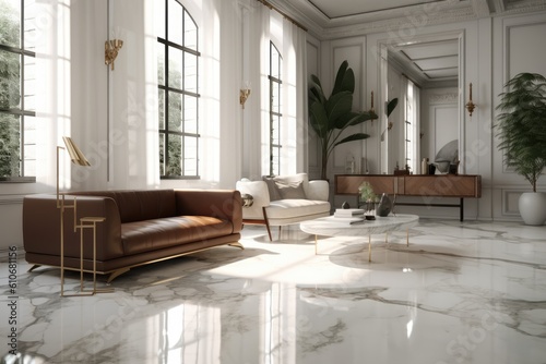 Luxury Marble Architecture In White Living Room Interior With Modern Arch Windows And Sustainable Word Console Table Against The Wall Made With Generative AI