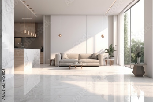 Sunny White Modern Penthouse Living Room Interior With High Ceilings And Gray Sofa And Marble Floors Made With Generative AI