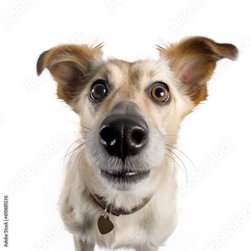 Studio portrait of dog looking at the camera against a white background, 360 degrees panorama, AI generative
