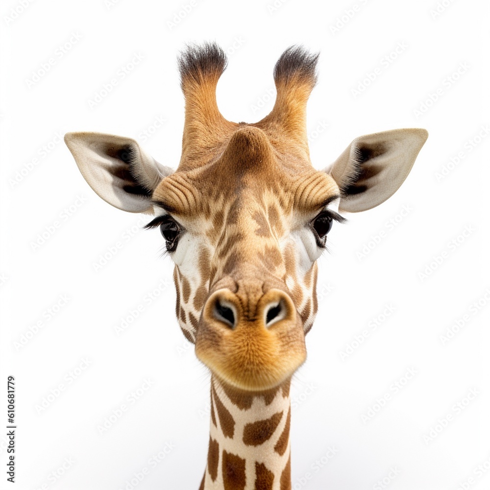 Fototapeta premium Giraffe head face look funny isolated on white background, AI generative
