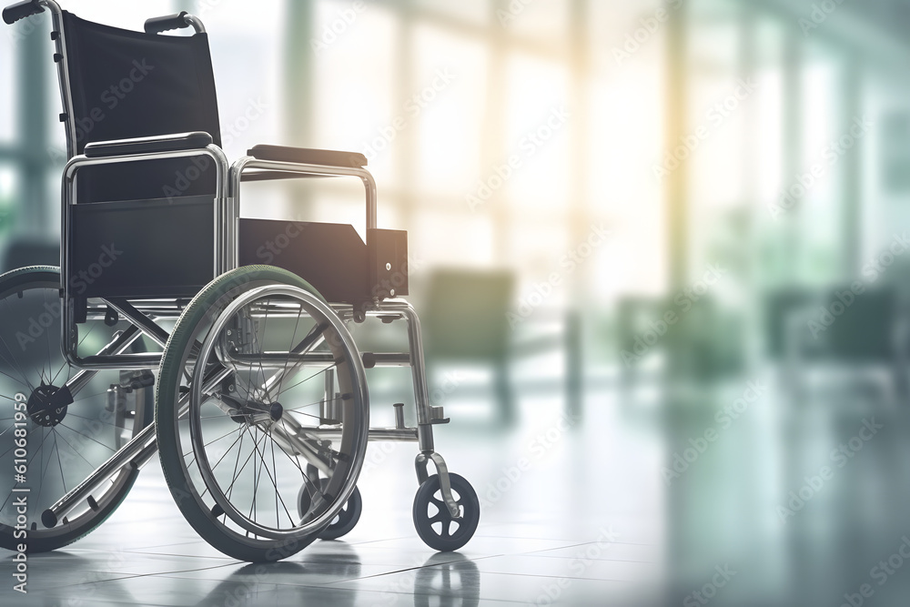 Worker on wheelchair over blur office background. Disabilities in working environment