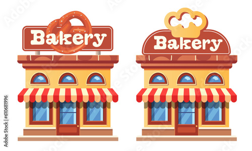 Bakery. Set of shops with pretzel signboard. Vector clipart.
