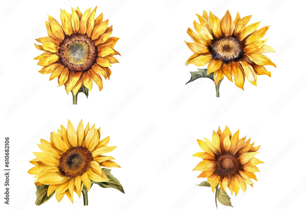 Watercolor of minimal yellow Sunflowers blooming isolated on clear png background, elements natural botanical, leaves, flowers and herbs, set of tree plant collection, with Generative Ai. Watercolor of minimal yellow Sunflowers blooming isolated on clear png background, elements natural botanical, leaves, flowers and herbs, set of tree plant collection, with Generative Ai.