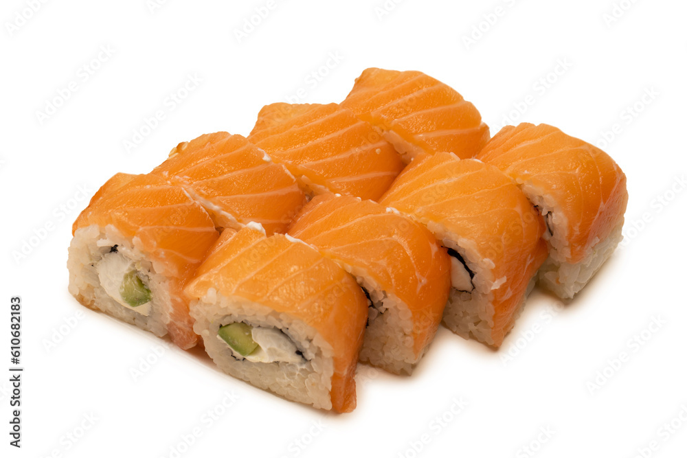 Sushi with cream cheese and salmon isolated on white background. Sushi with cream cheese and salmon isolated on white background.